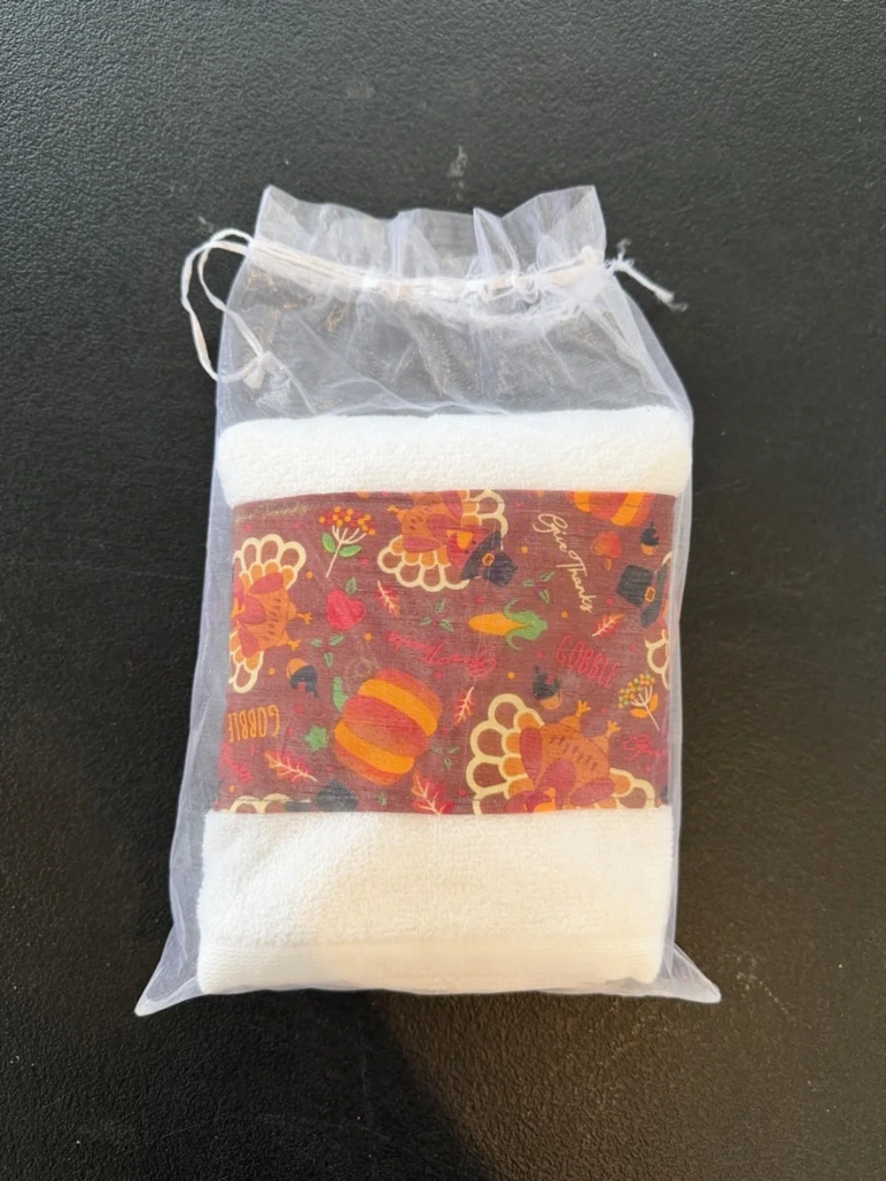 White Hand Towel with Autumn Turkey Print Accent